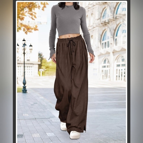 YesNo Women's Baggy, High Waisted Drawstring Coffee Color Corduroy Pants - Picture 2 of 5